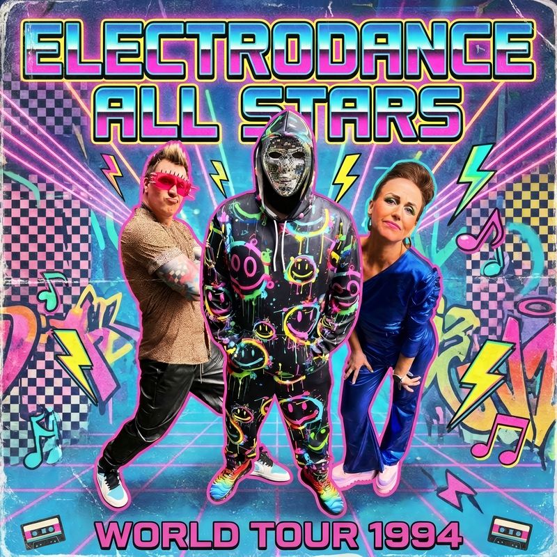 Plakat for ElectroDance All Stars, »World Tour 1994«: de tre musikere i neonfarvet 90'er-tøj foran graffiti og laserlys
